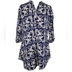 Navy & Cream Floral Print Tunic Blouse | Size 40/M | Boho Resort Style